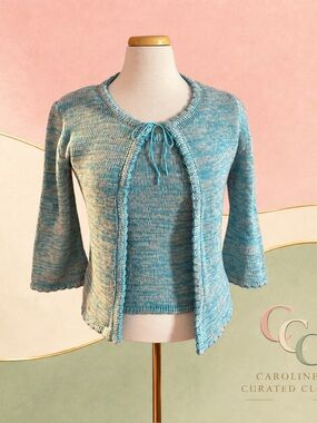 Charles Aqua Knit Twinset Tank & Tie-Front Cardigan vintage L fits like a S